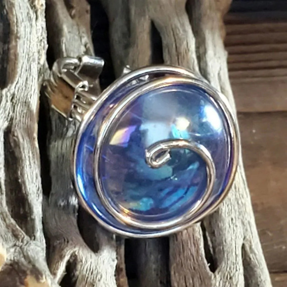 Handcrafted Edgy Cobalt Blue Luster Silver Spiral Luster Glass Bauble Ring - Picture 7 of 9